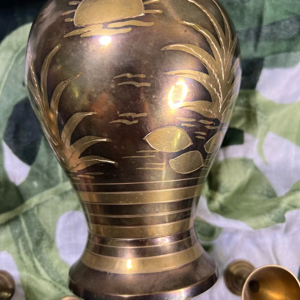 Etched 2 tone Brass Ginger Jar Urn 9” w/Lid & 6 Goblets‎ Birds, flowers, trees
